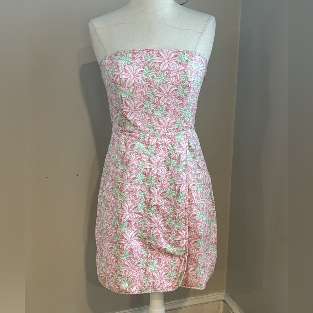 Vineyard Vines Lilly floral pattern strapless pink faux wrap mini dress 6
